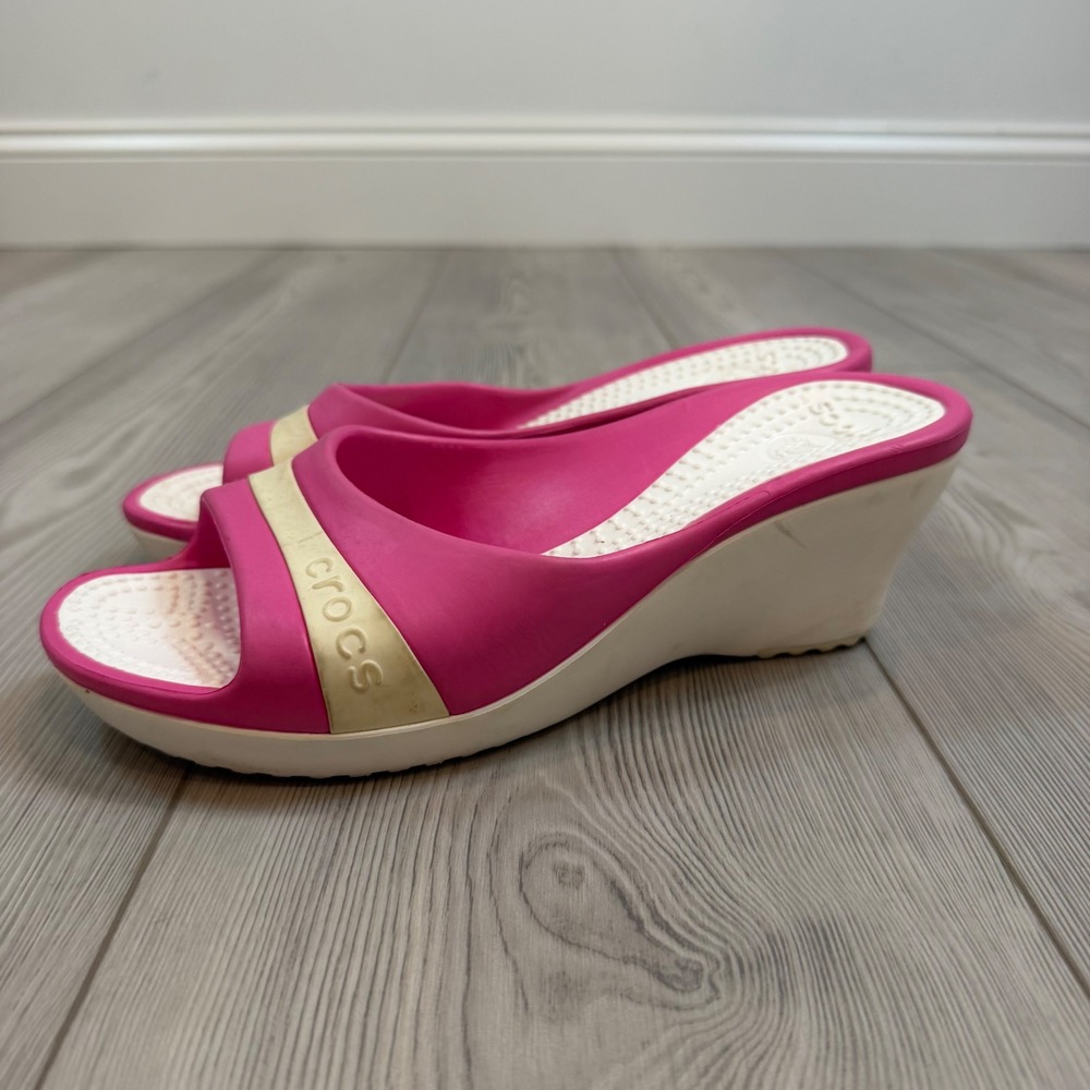 Crocs Sassari Pink White Wedge Sandals Slides Womens Size 9 Comfort Summer Shoes
